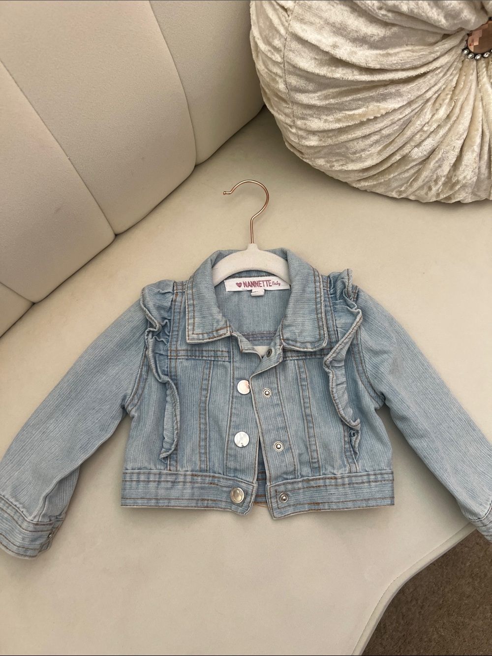 Nannette Light Blue Ruffle-Trim Denim Jacket for Girls